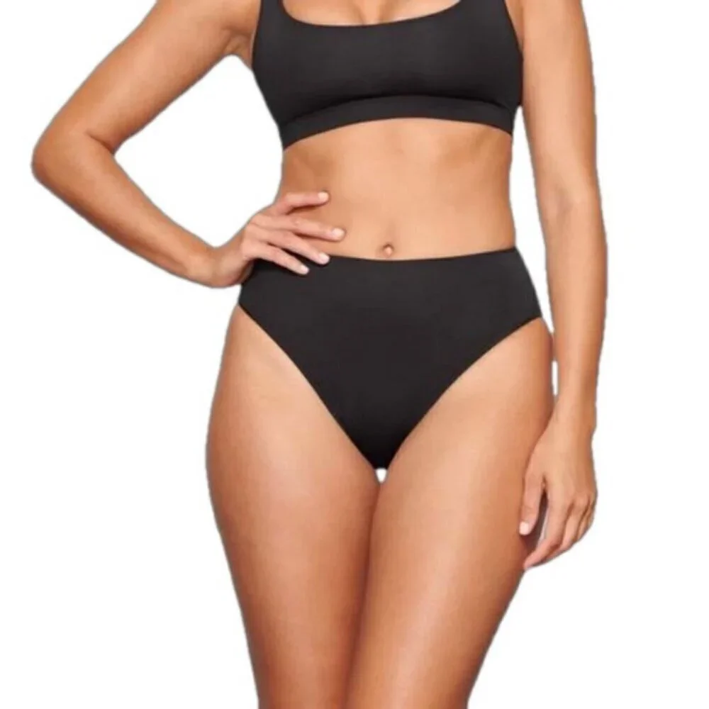 Skims 2X Swim Mid Waist Bottom Cheeky High Cut Side Onyx Black NWT